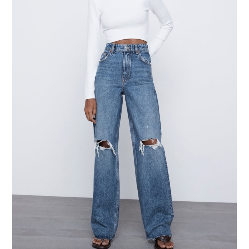 Zara Wide Leg Full Length Ripped Jeans